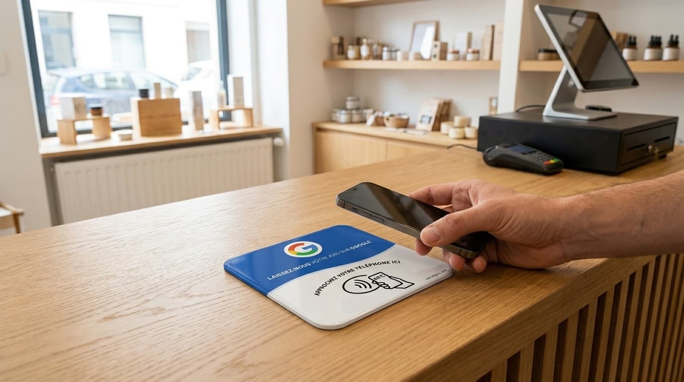 Client approchant son téléphone de la plaque NFC AVIX posée sur un comptoir de boutique
