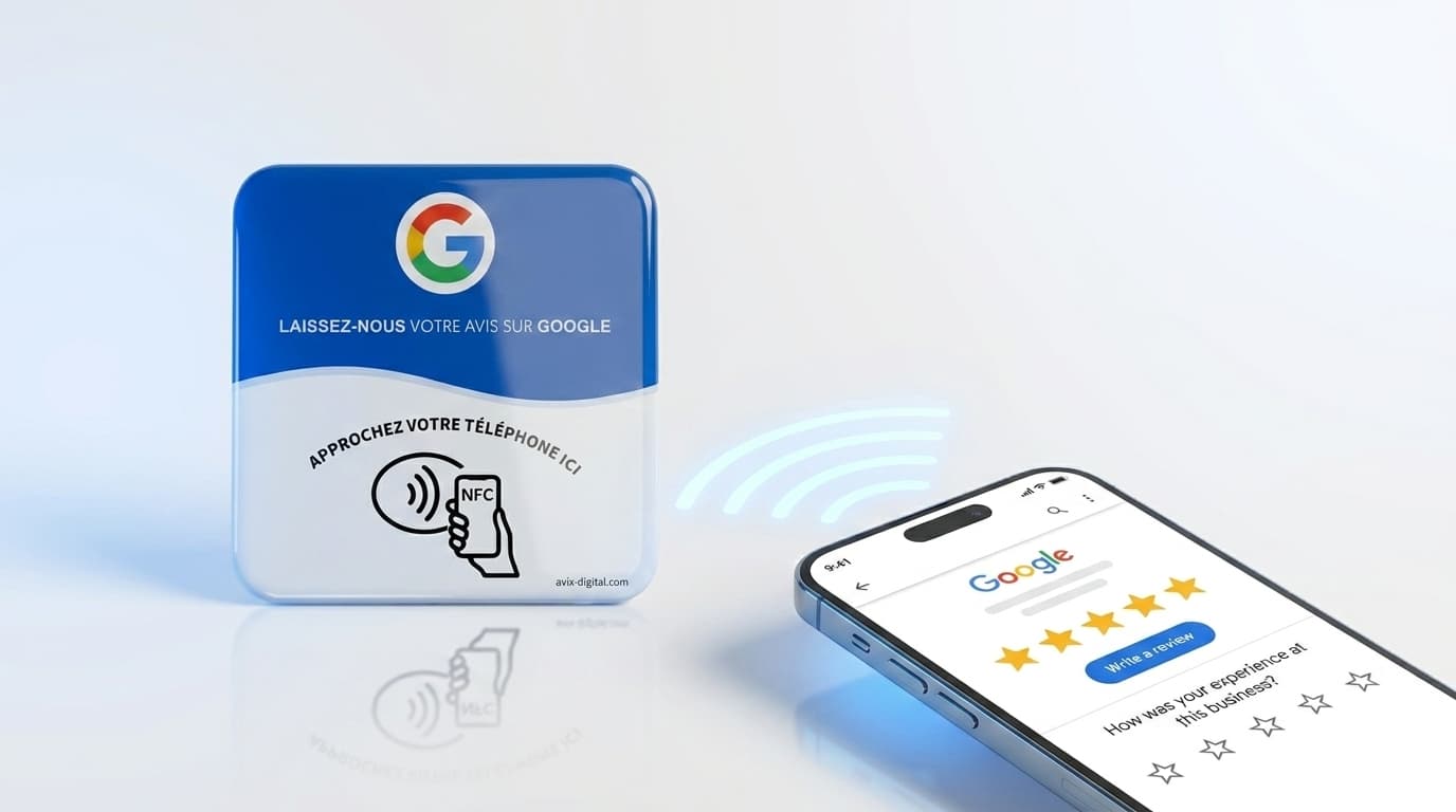Plaque NFC AVIX avec téléphone affichant la page d'avis Google